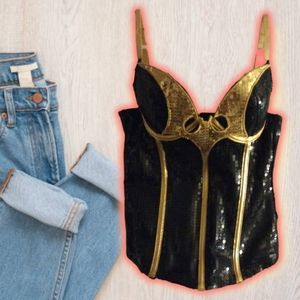 Batman corset black and gold sequins adjustable straps padded bust clasp closure
